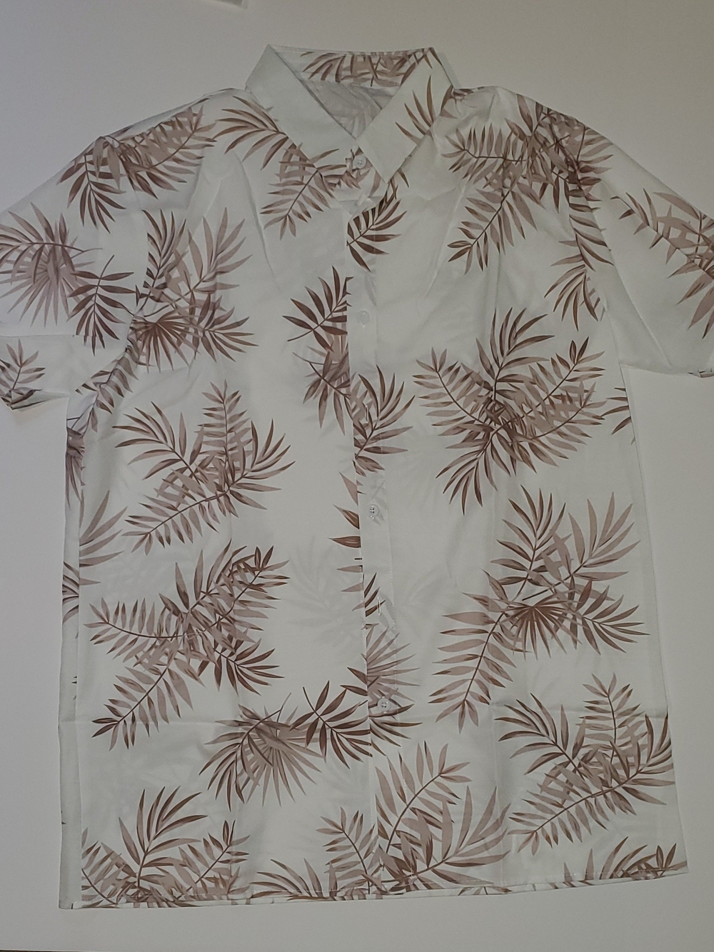 Men's White Short-Sleeve Button-Up Shirt with Brown Leaf Print